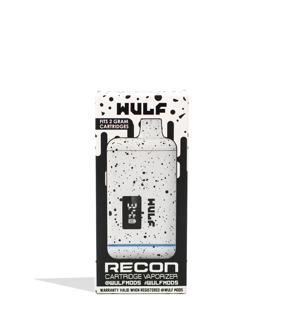 White Black Spatter Wulf Mods Recon Cartridge Vaporizer 9pk Packaging Front View on White Background