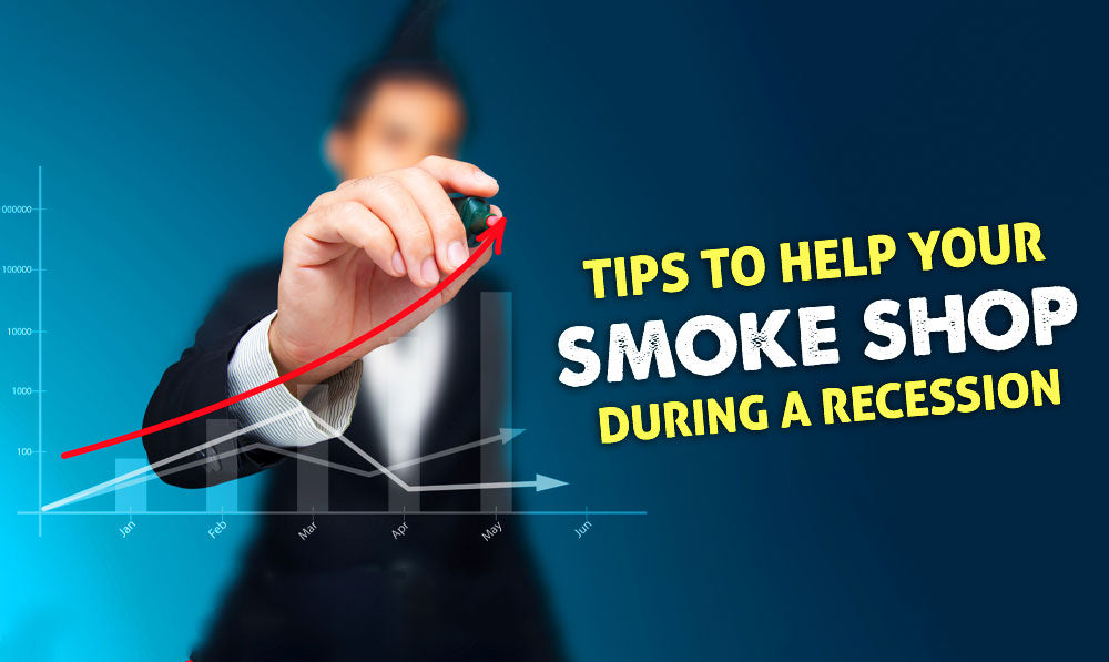 Tips To Help Your Smoke Shop During A Recession with man drawing an upwards-motion graph in front of blue studio background