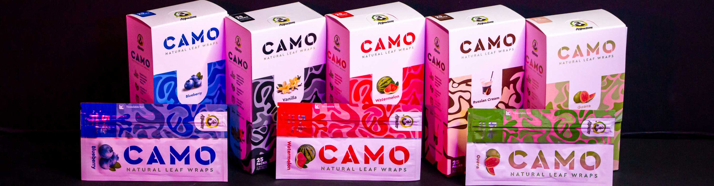 Wholesale Camo Wraps flavors on black and white textured wall in studio background