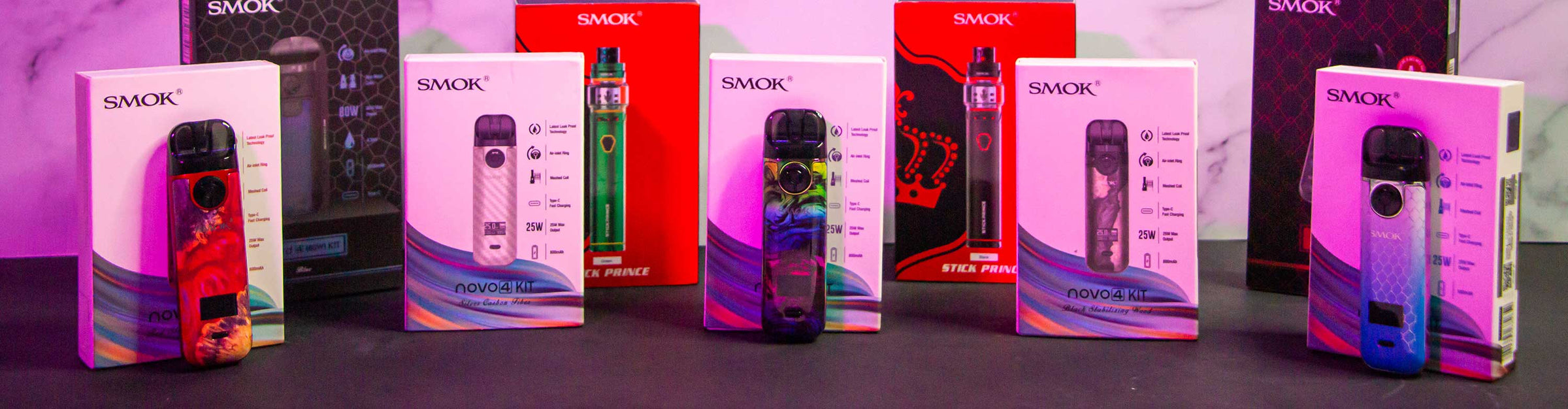 SMOK Pod Vaporizer products standing behind marble studio background using colorful lighting