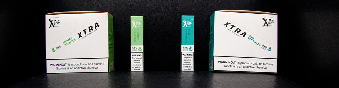 Wholesale Xtra Disposable packaging and single packets standing on a black background in office lobby