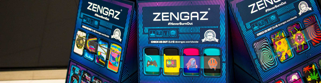 Wholesale Zengaz Lighters Displays lined in a row on office floor with black background