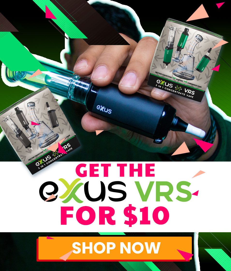 Hand holding a black Exxus VRS device with packaging, promotional text overlay on a green and black background.