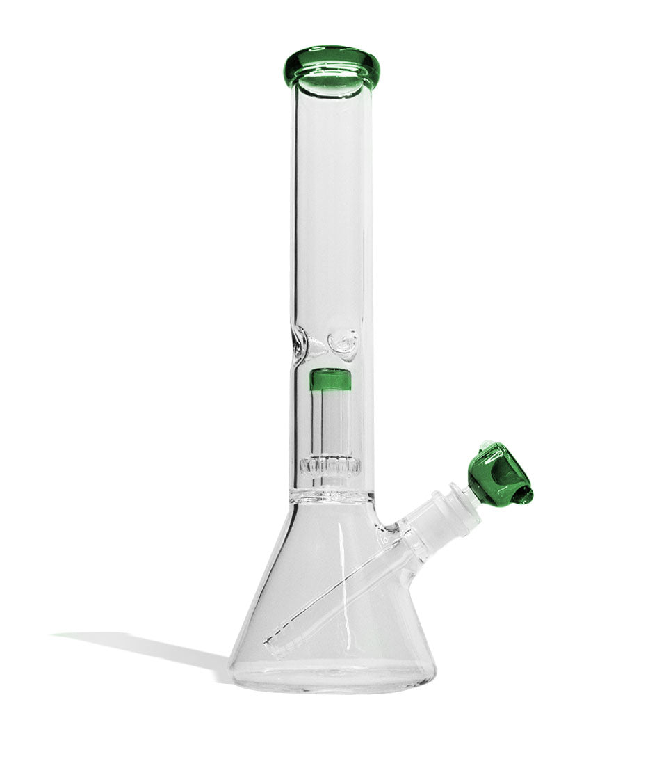 Green 14 inch Beaker Water Pipe with Showerhead Perc Front View on White Background