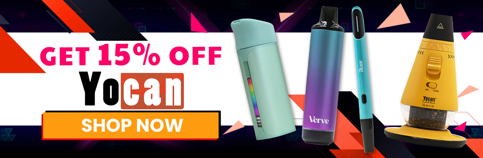 Yocan products with promotional text on a colorful background