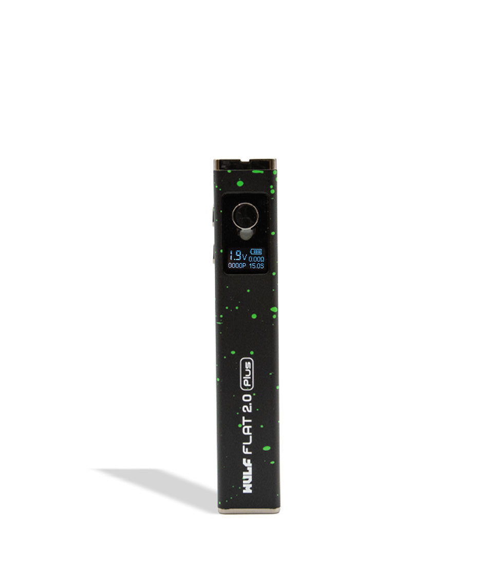 WULF Flat Plus 2.0 510 thread battery in black with green spatter, upright with the display lit