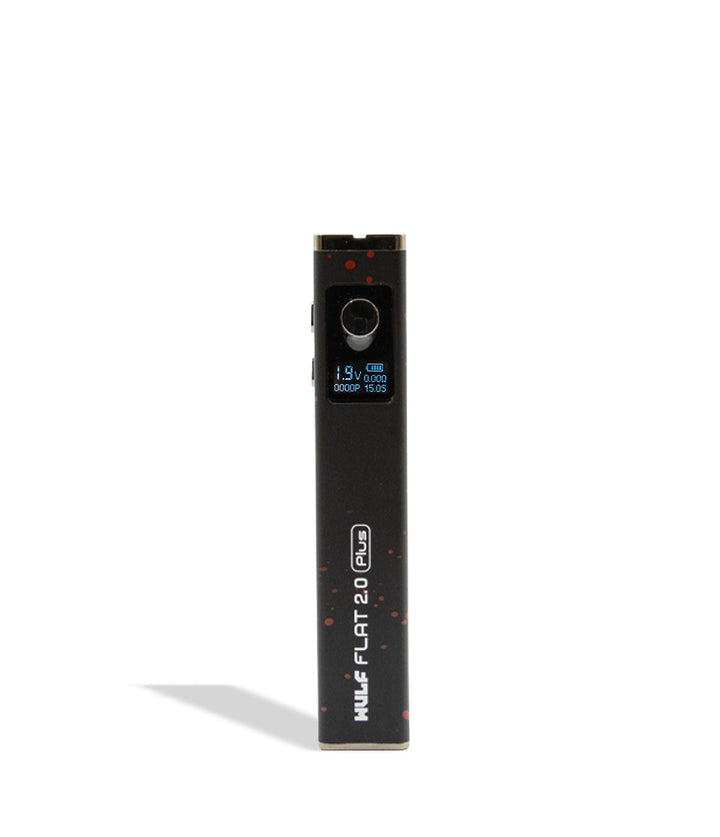 WULF Flat Plus 2.0 510 thread battery in black with red spatter, upright with the display lit
