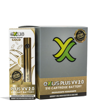 Gold Exxus Vape Plus VV 2.0 Cartridge Vaporizer 12pk Packaging Front View on White Background