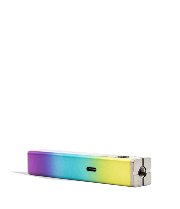 WULF Flat Plus 2.0 510 thread battery in rainbow finish, lying on its side showing the USB-C port