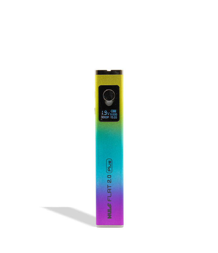WULF Flat Plus 2.0 510 thread battery in rainbow finish, upright with the display lit