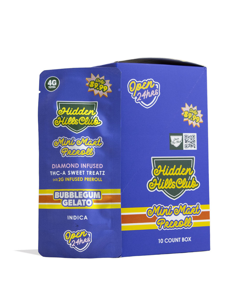 Bubblegum Gelato Hidden Hills Mini Mart 2g Preroll Diamond Infused THC-A 2pk, 5pk Front View on White Background