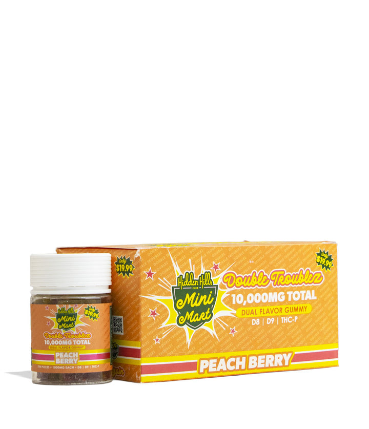 Peach Berry Hidden Hills Mini Mart Double Troublez 1000mg Gummies 6pk Front View on White Background