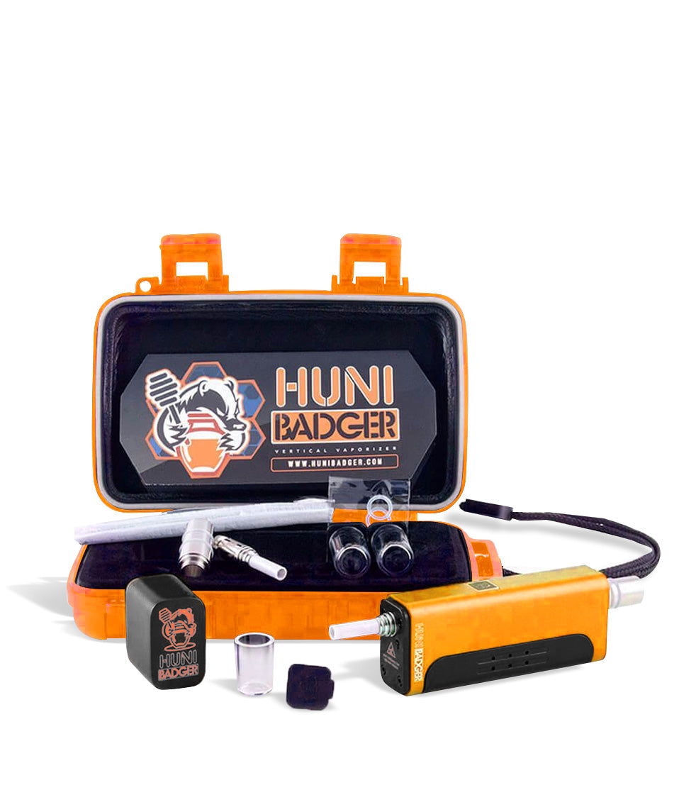 Orange Huni Badger Portable Electronic Vertical Vaporizer on white studio background