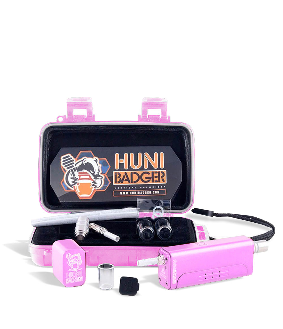 Pink Huni Badger Portable Electronic Vertical Vaporizer on white studio background