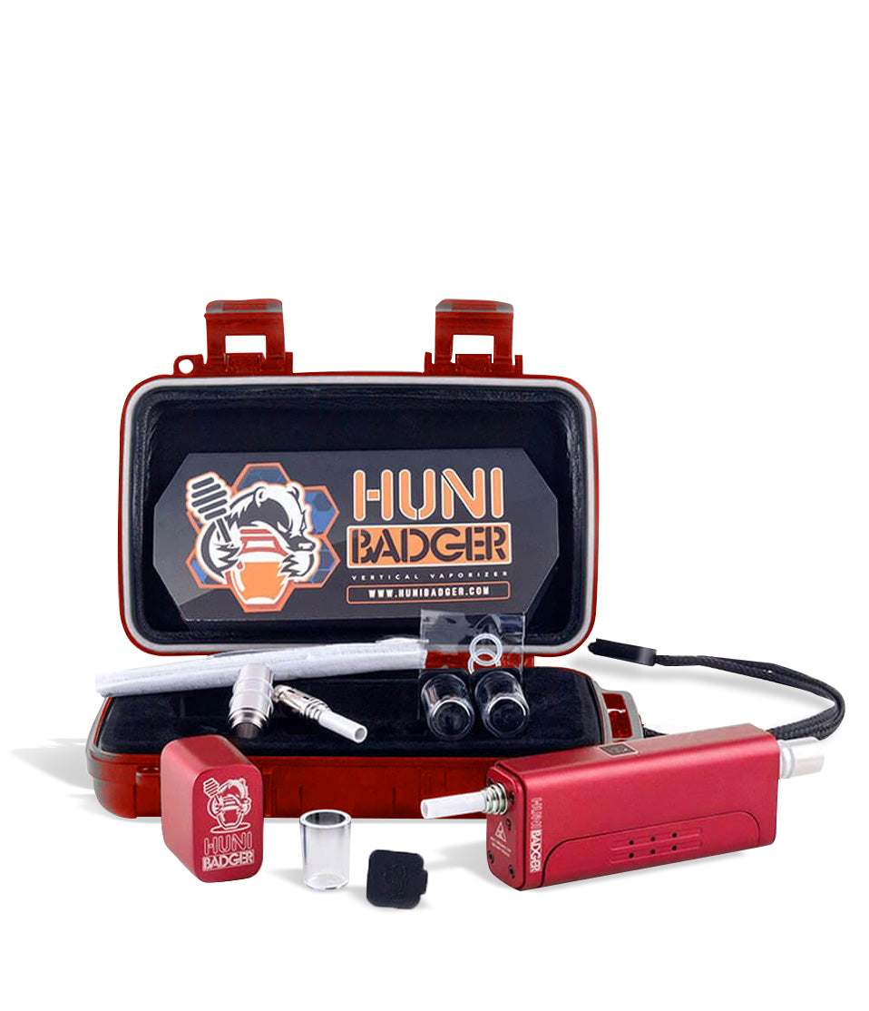 Red Huni Badger Portable Electronic Vertical Vaporizer on white studio background