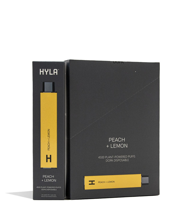 Peach Lemon HYLA Plant Powered DOPA Infused 0% Nicotine Disposable 10pk Front View on White Background