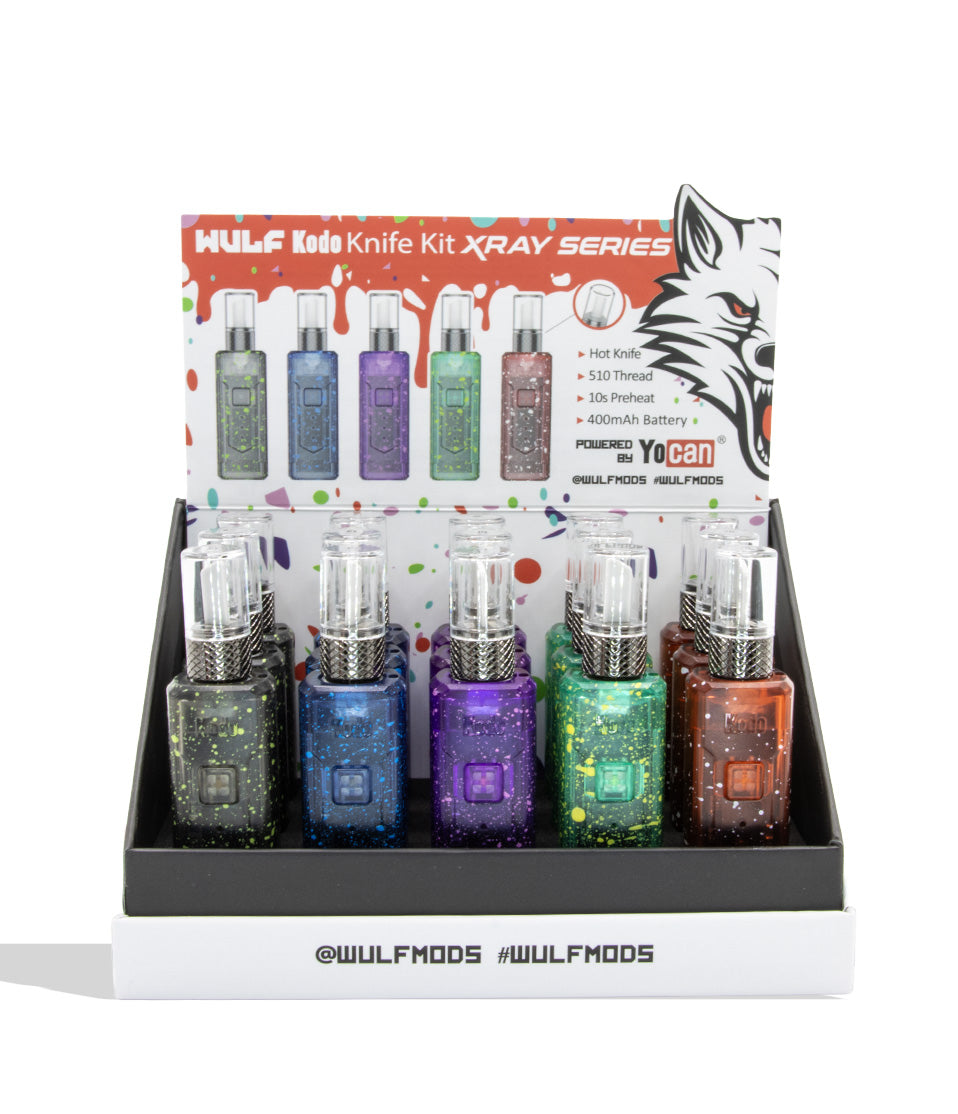 Wulf Mods Kodo Knife Kit X-Ray Series hot knife and 510 battery shelf ready display box in front view on a white background
