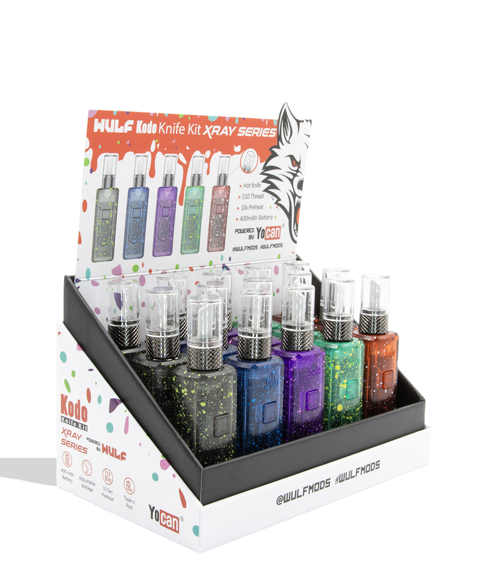 Wulf Mods Kodo Knife Kit X-Ray Series hot knife and 510 battery shelf ready display box in quarter/angled side view on a white background