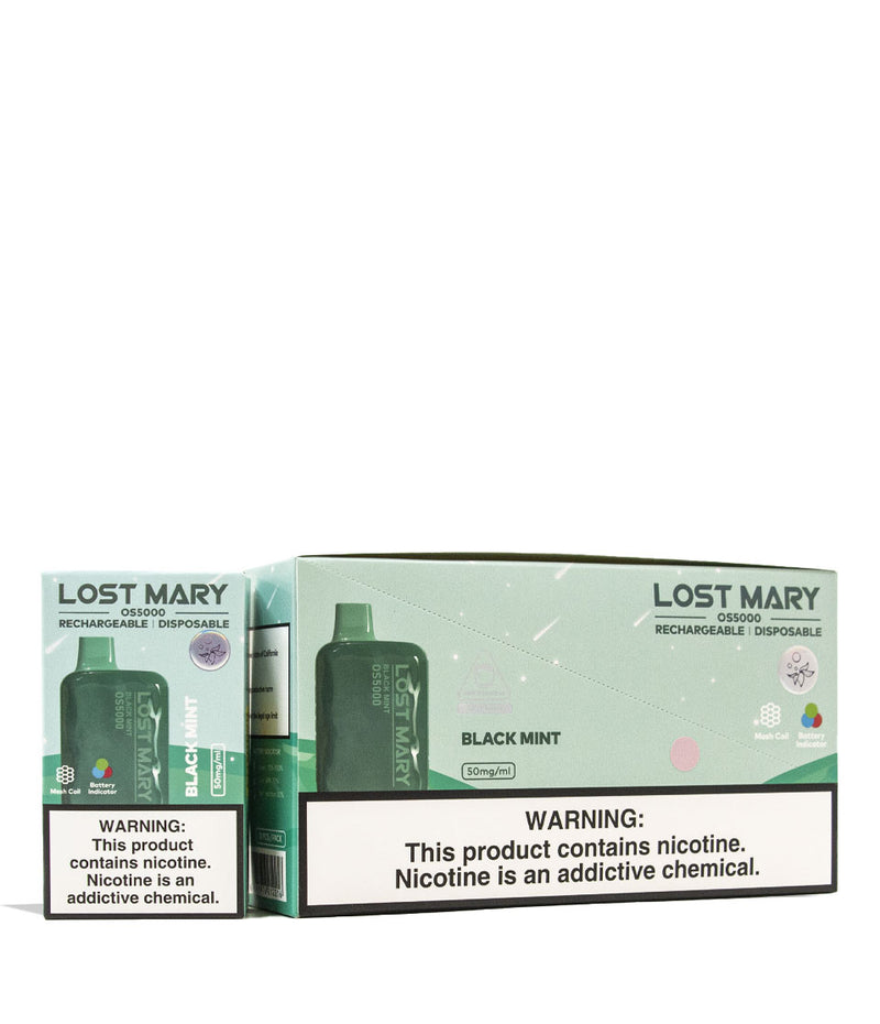 Black Mint Lost Mary OS5000 Rechargeable Disposable 10pk Front View on White Background