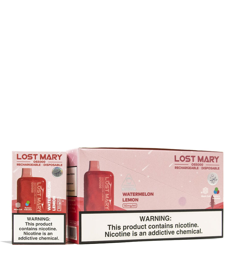 Watermelon Lemon Lost Mary OS5000 Rechargeable Disposable 10pk Front View on White Background