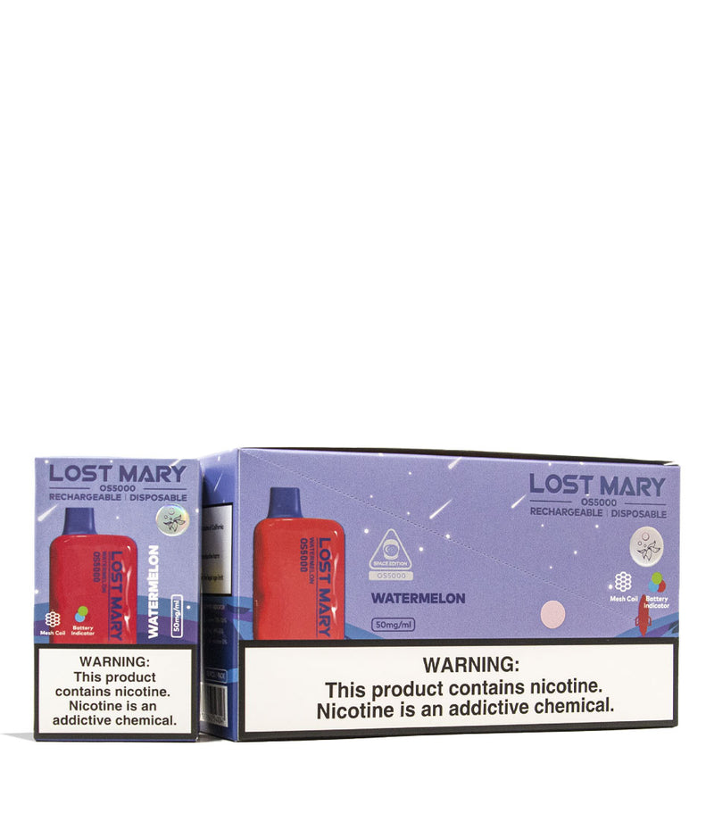 Watermelon Lost Mary OS5000 Rechargeable Disposable 10pk Front View on White Background