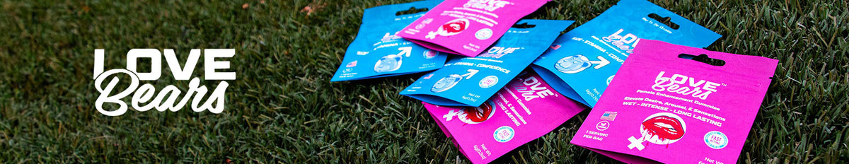 Love Bear Gummies laying on grass with Love Bears logo