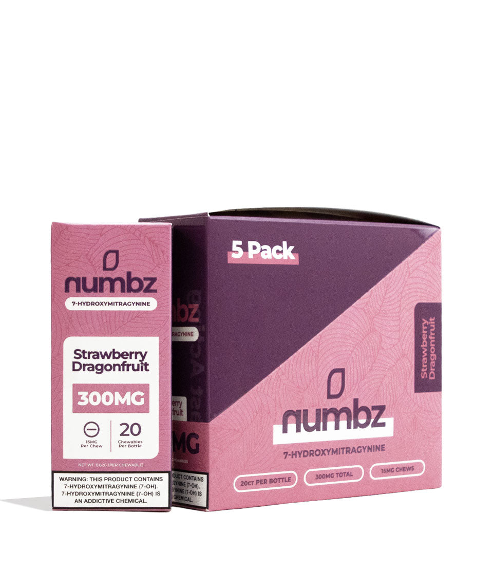 Strawberry Dragonfruit Numbz 300mg 7-OH + MIT Chewable Tablets 5pk Front View on White Background