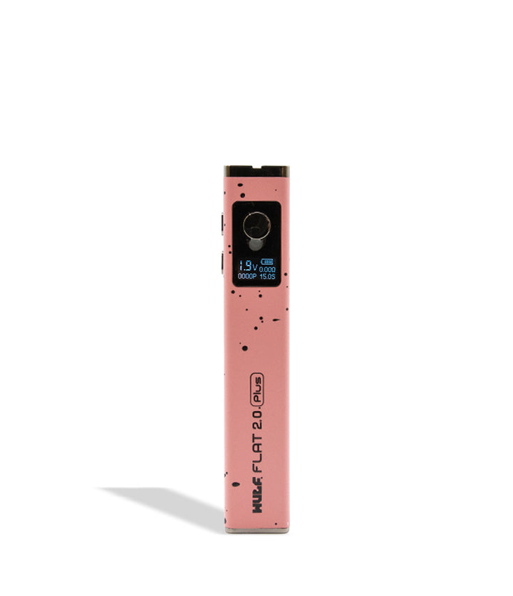 WULF Flat Plus 2.0 510 thread battery in pink with black spatter, upright with the display lit