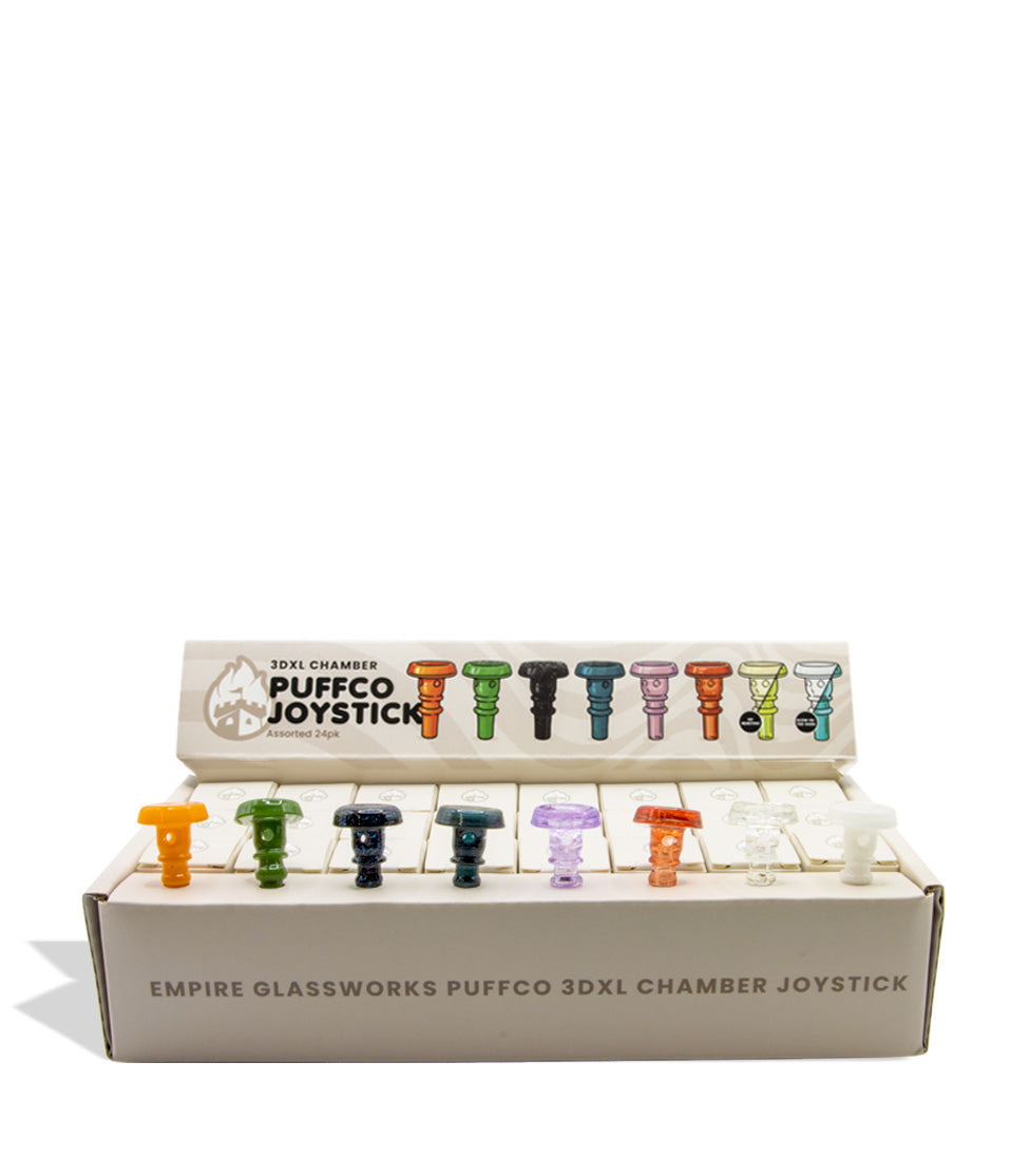 An open display box of Empire Glassworks Puffco 3DXL Chamber Joysticks, showing multiple colorful glass joysticks arranged in a row inside a white cardboard case front view