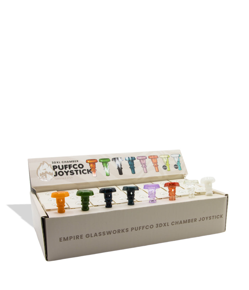 An open display box of Empire Glassworks Puffco 3DXL Chamber Joysticks, showing multiple colorful glass joysticks arranged in a row inside a white cardboard case.
