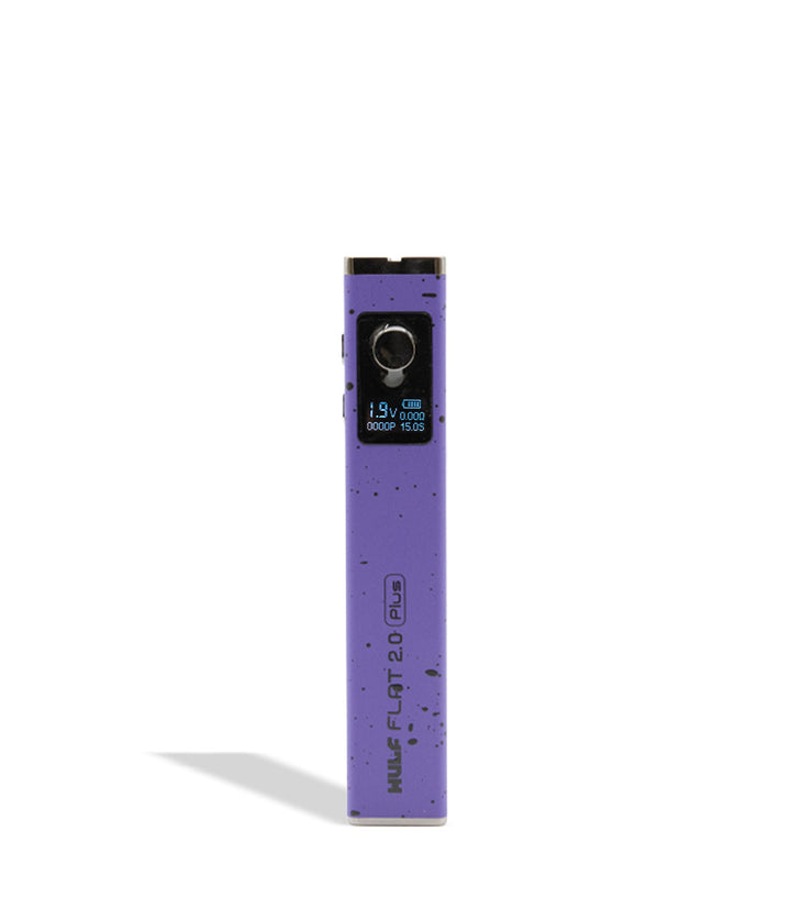 WULF Flat Plus 2.0 510 thread battery in purple with black spatter, upright with the display lit