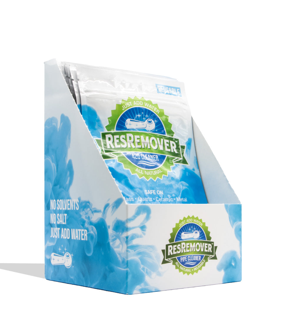 A retail display box filled with ResRemover Purifier air filter packets, shown on a clean white background. The packaging features a blue and white marble pattern with green and white branding. 25pk
