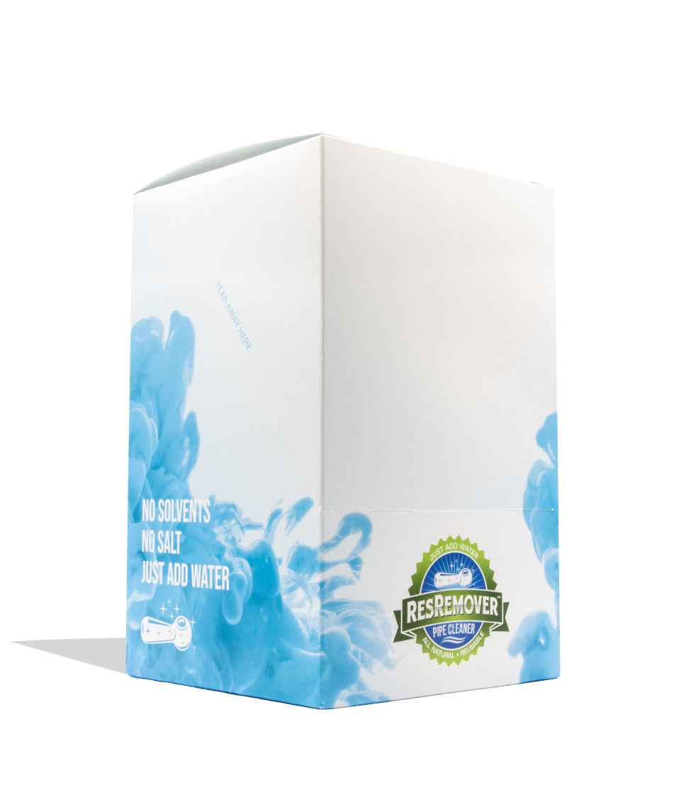A white rectangular product box with blue water-splatter graphics and a green circular &