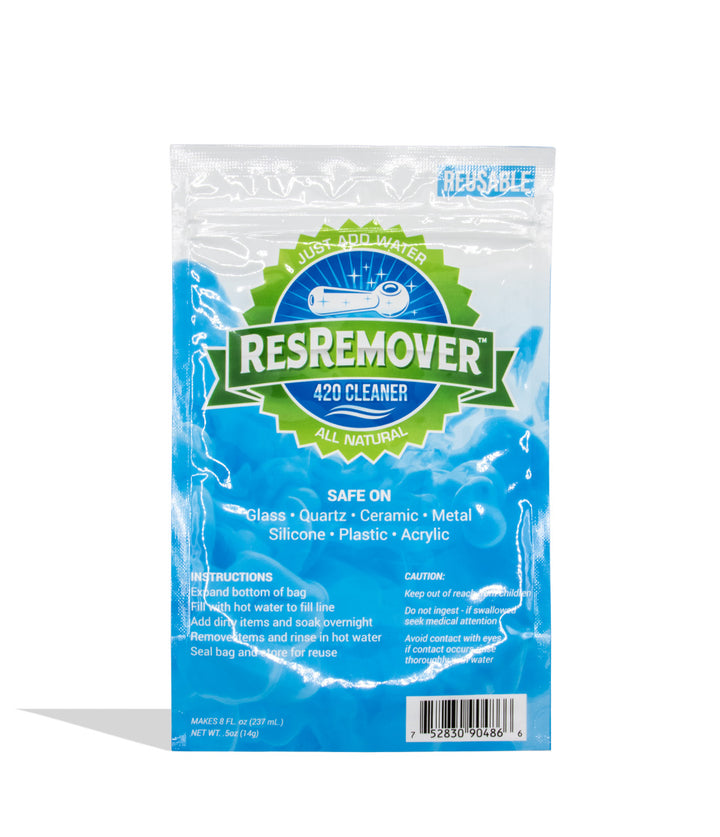 A resealable plastic bag of ResRemover 420 Cleaner all natural, featuring a blue and green label with product details and a barcode, set against a plain white background.