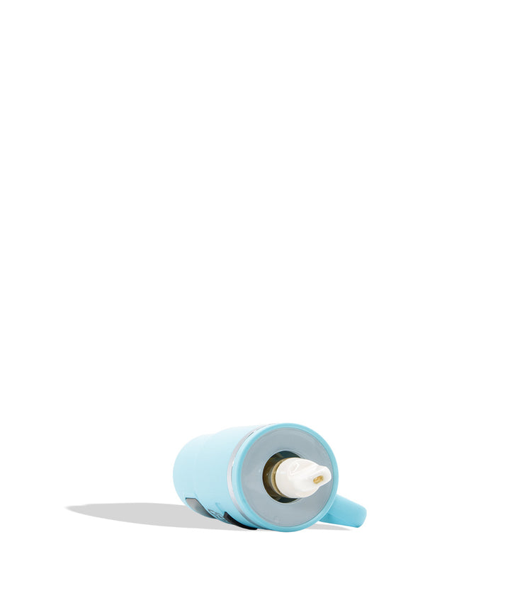 A light blue cylindrical product with a white central tip and a small protruding tab, photographed on a clean white background with a soft shadow.