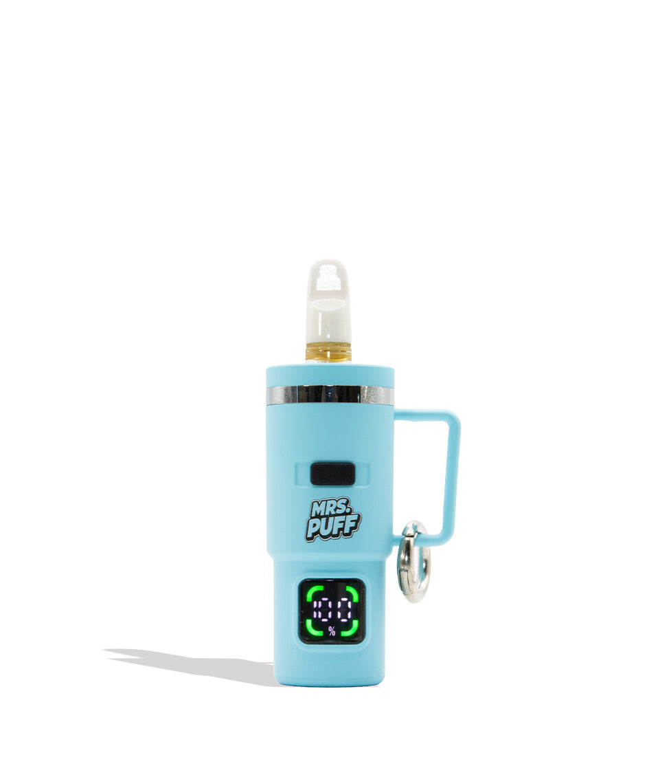 A light blue portable vape device with a side handle, a digital display showing &