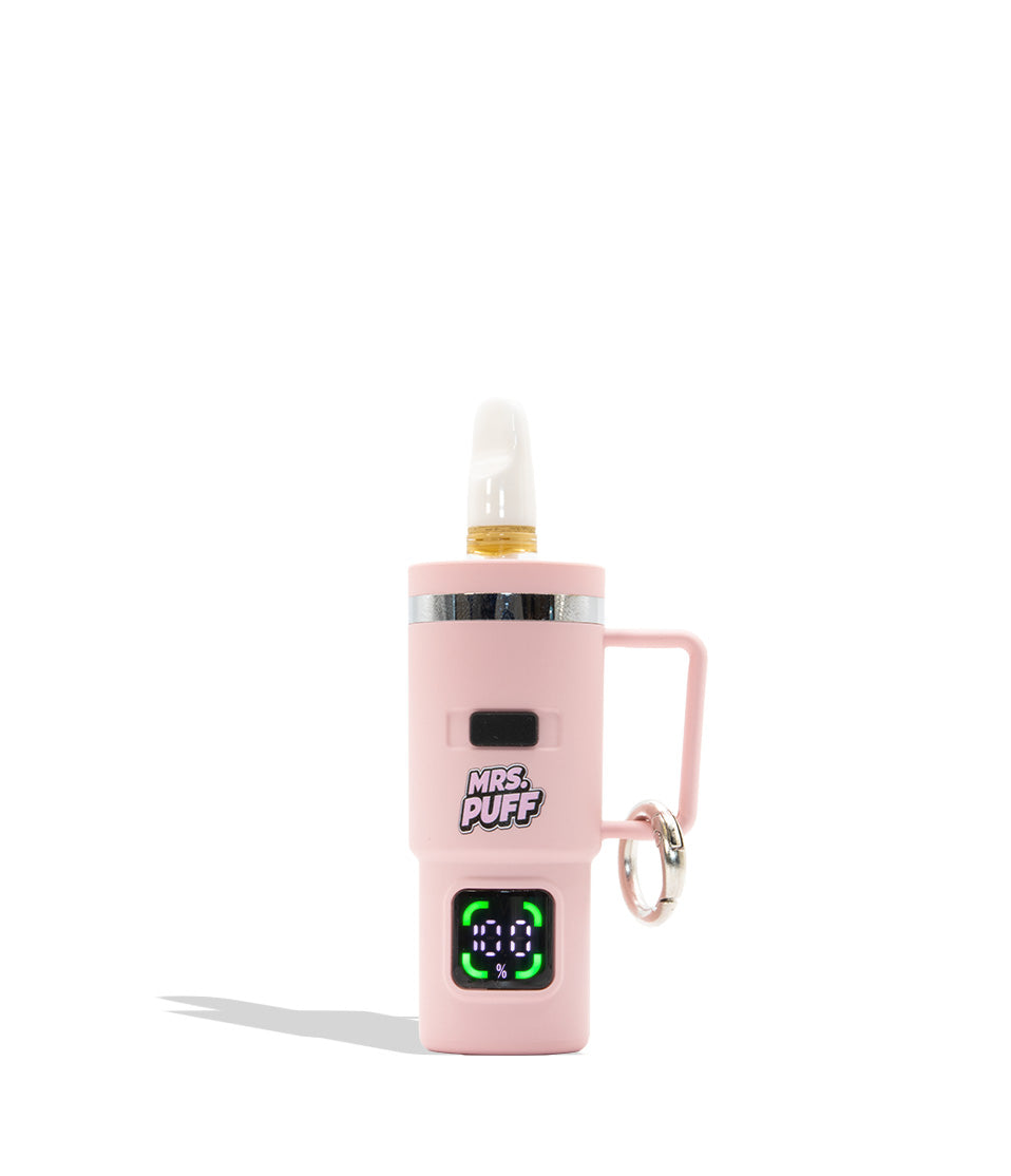 A pink portable vape device with a side handle and keychain ring, featuring a digital screen and the text &