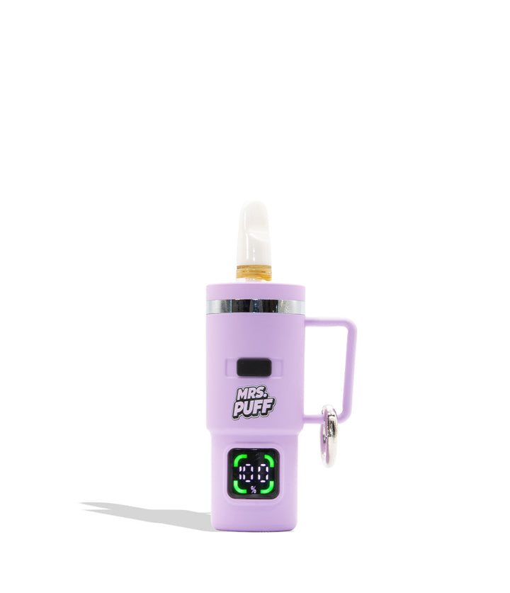 A lavender purple portable vape device with a side handle, a clear mouthpiece, a gold accent ring, and a silver keychain ring. The device features the &