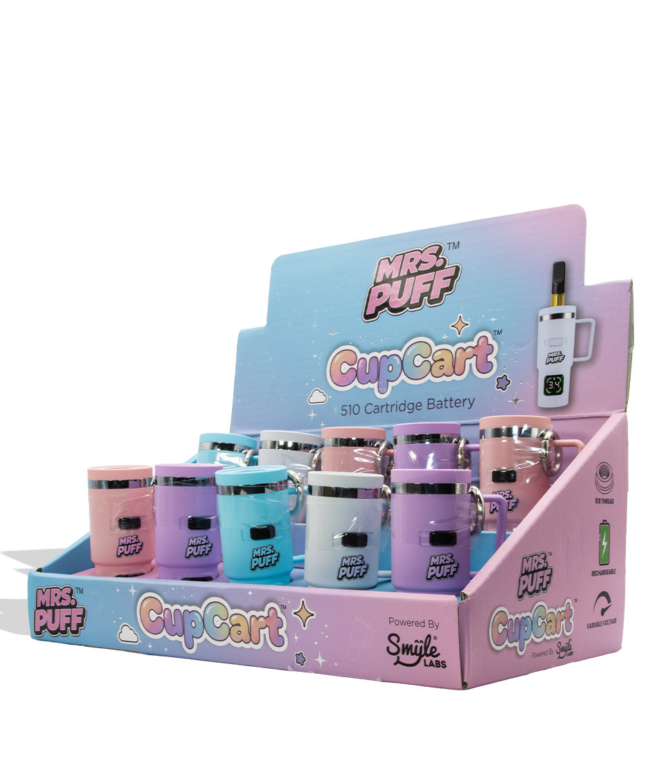 A retail display box filled with Mrs. Puff CupCart 510 cartridge batteries.