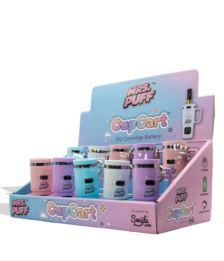A retail display box filled with Mrs. Puff CupCart 510 cartridge batteries.