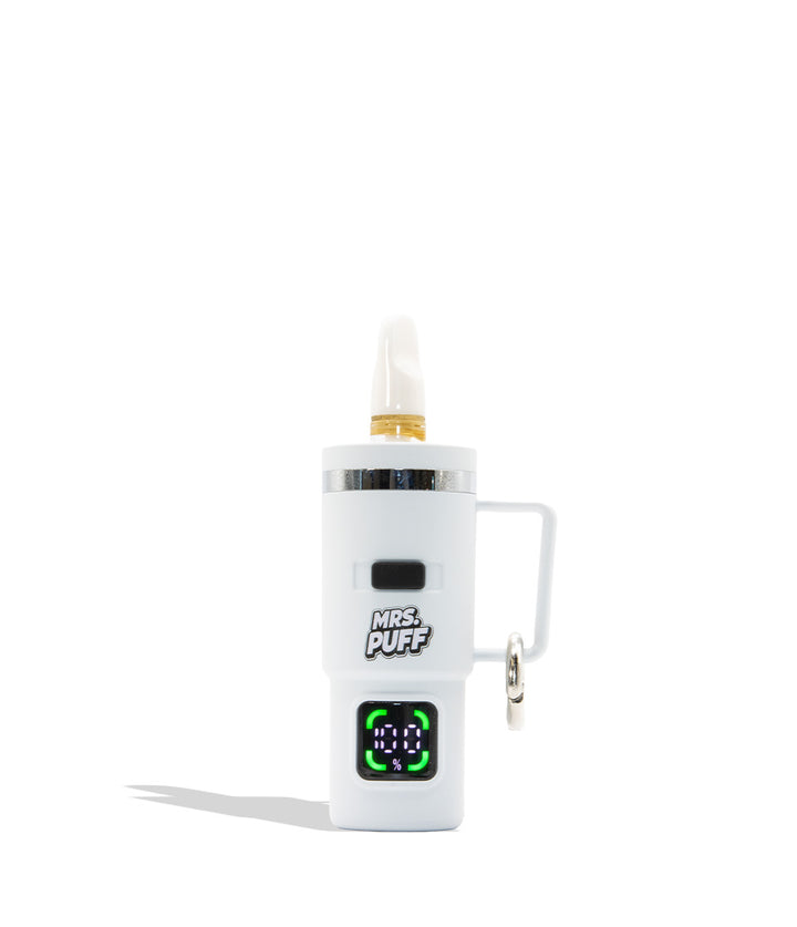 A white electric cigarette puff device with a side handle and keychain ring, featuring a digital LED display showing &