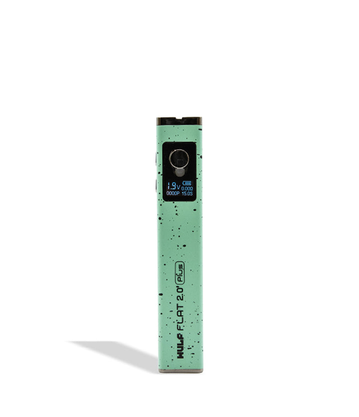 WULF Flat Plus 2.0 510 thread battery in teal with black spatter, upright with the display lit