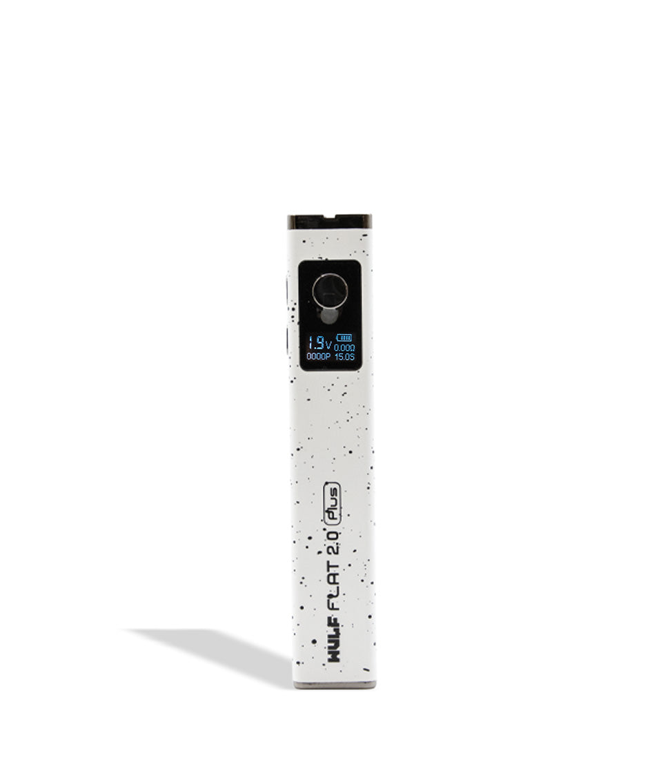 WULF Flat Plus 2.0 510 thread battery in white with black spatter, upright with the display lit
