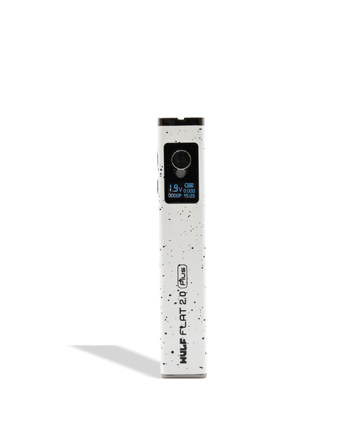 WULF Flat Plus 2.0 510 thread battery in white with black spatter, upright with the display lit