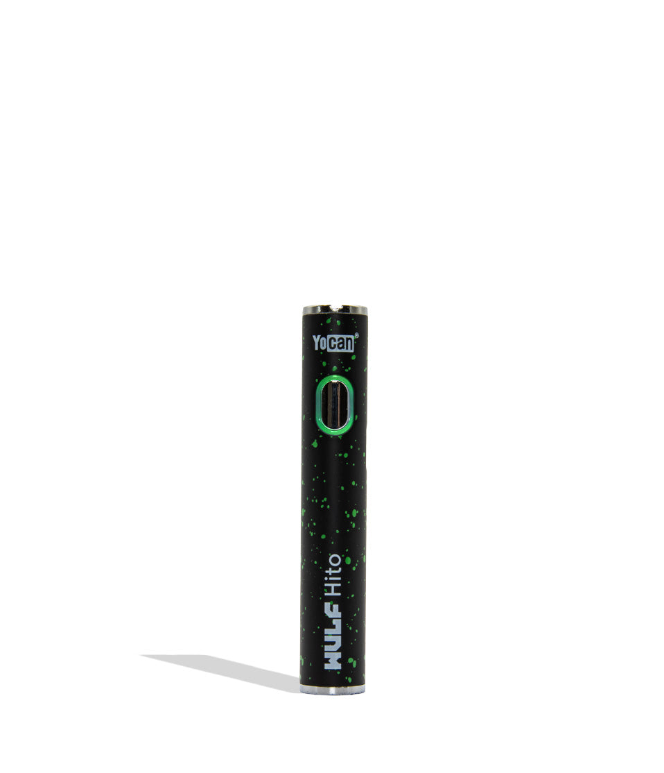 WULF Mods Hito 510 battery in black green spatter color variant on a white background with a green ring light turned on surrounding the main power button.