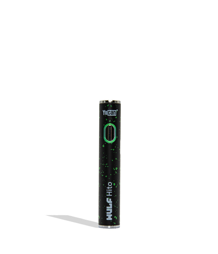 WULF Mods Hito 510 battery in black green spatter color variant on a white background with a green ring light turned on surrounding the main power button.