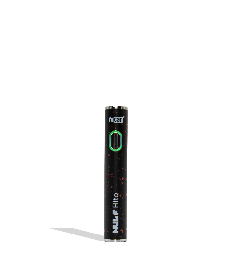 WULF Mods Hito 510 battery in black red spatter color variant on a white background with a green ring light turned on surrounding the main power button.