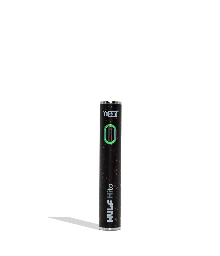 WULF Mods Hito 510 battery in black red spatter color variant on a white background with a green ring light turned on surrounding the main power button.
