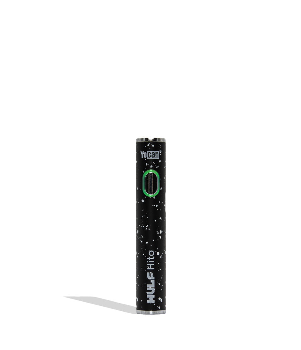 WULF Mods Hito 510 battery in black white spatter color variant on a white background with a green ring light turned on surrounding the main power button.