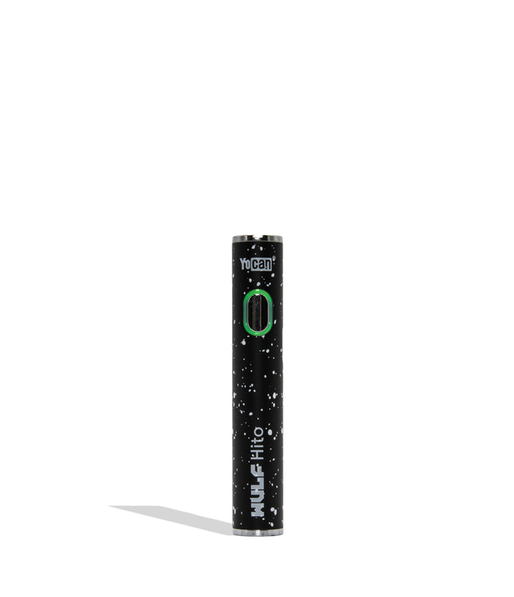 WULF Mods Hito 510 battery in black white spatter color variant on a white background with a green ring light turned on surrounding the main power button.